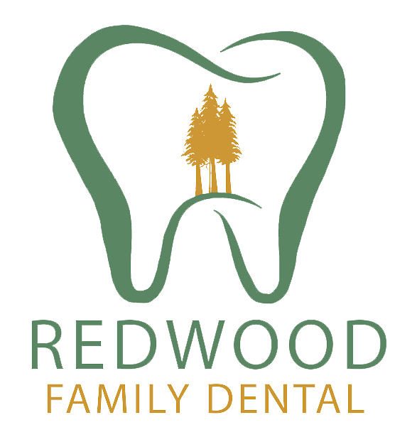 The image is a logo for Redwood Family Dental, featuring the stylized text Redwood Family Dental and an illustration of a tooth with a tree in its center.